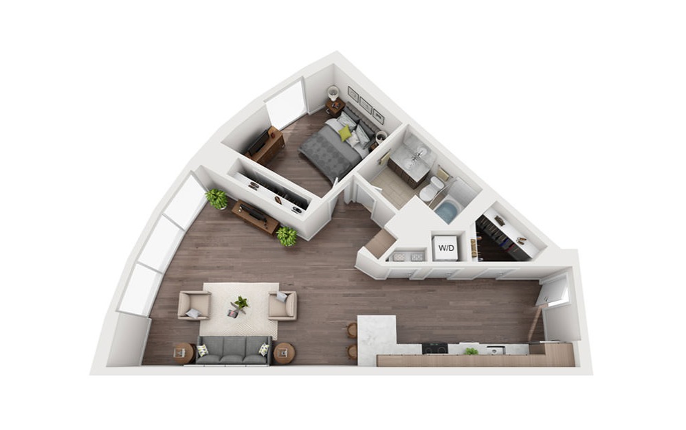 A | Floors 4-15 - 1 bedroom floorplan layout with 1 bathroom and 877 square feet (3D)
