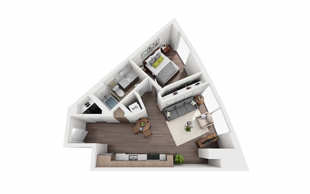 B | Floors 16-35 - 1 bedroom floorplan layout with 1 bathroom and 620 square feet (3D)