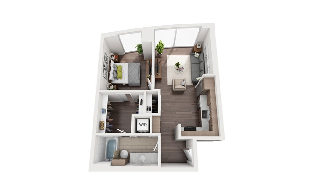 C | Floors 16-35 - 1 bedroom floorplan layout with 1 bathroom and 646 square feet (3D)