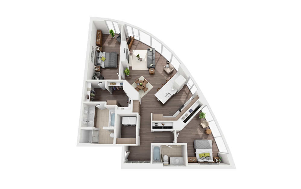 2 Bed Penthouse A  - 2 bedroom floorplan layout with 2 bathrooms and 1510 square feet (3D)