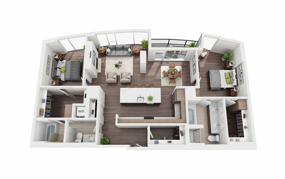 2 Bedroom Penthouse B  - 2 bedroom floorplan layout with 2 bathrooms and 1454 square feet (3D)