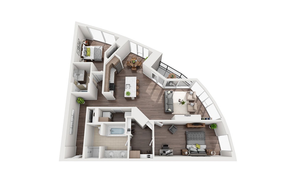 2 Bedroom Penthouse D - 2 bedroom floorplan layout with 2 bathrooms and 1523 square feet (3D)