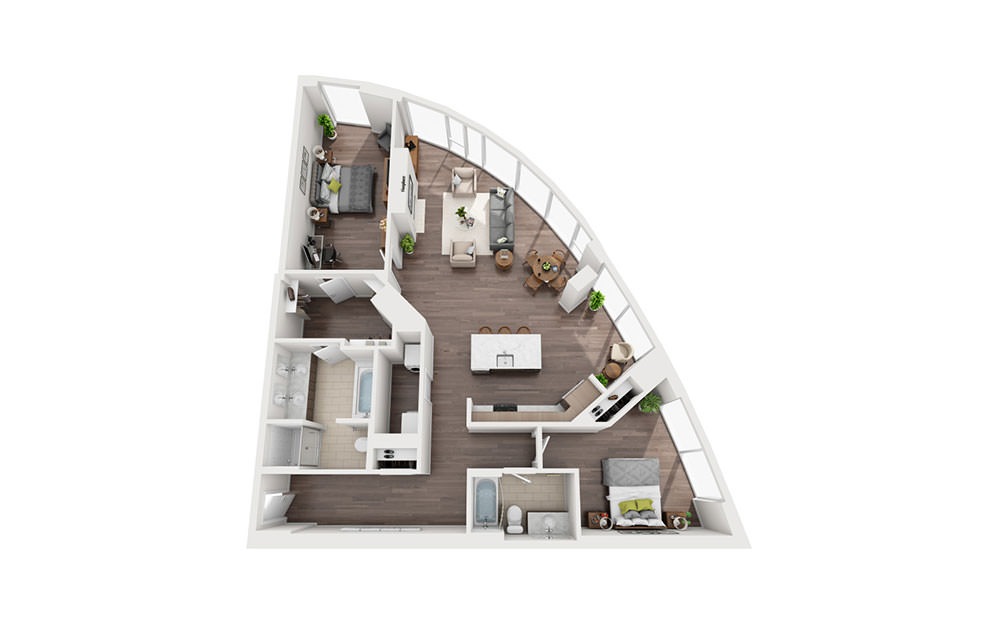 2 Bedroom Penthouse F  - 2 bedroom floorplan layout with 2 bathrooms and 1571 square feet (3D)