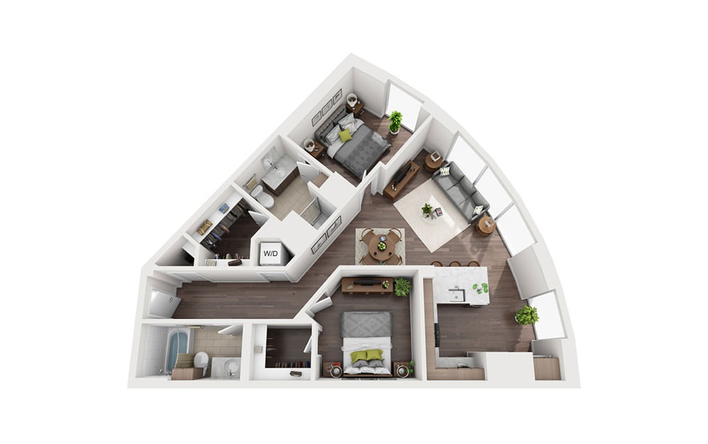 D | Floors 4-15 - 2 bedroom floorplan layout with 2 bathrooms and 1041 square feet (3D)