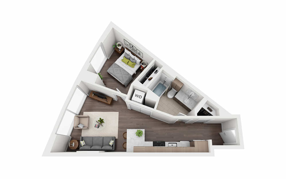 E | Floors 16-35 - 1 bedroom floorplan layout with 1 bathroom and 574 square feet (3D)