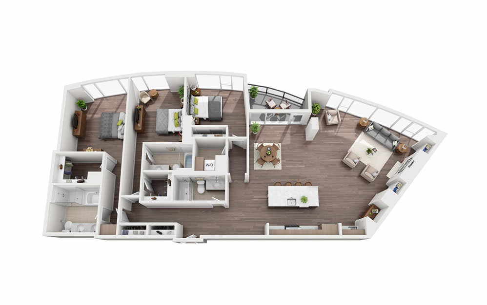 3 Bedroom Penthouse B - 3 bedroom floorplan layout with 3 bathrooms and 2170 square feet (3D)