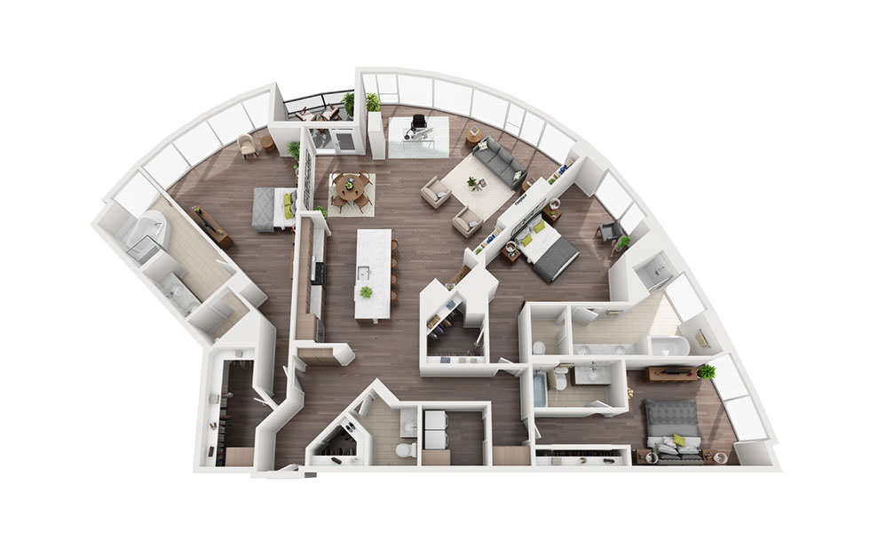 3 Bedroom Penthouse C - 3 bedroom floorplan layout with 3.5 bathrooms and 2584 square feet (3D)
