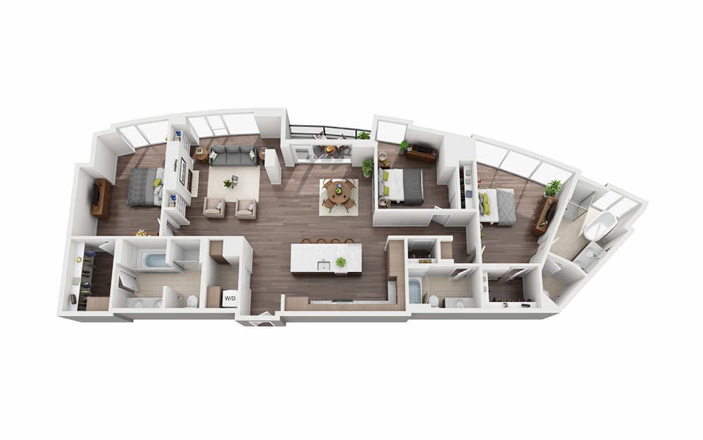 3 Bedroom Penthouse D - 3 bedroom floorplan layout with 3 bathrooms and 1992 square feet (3D)