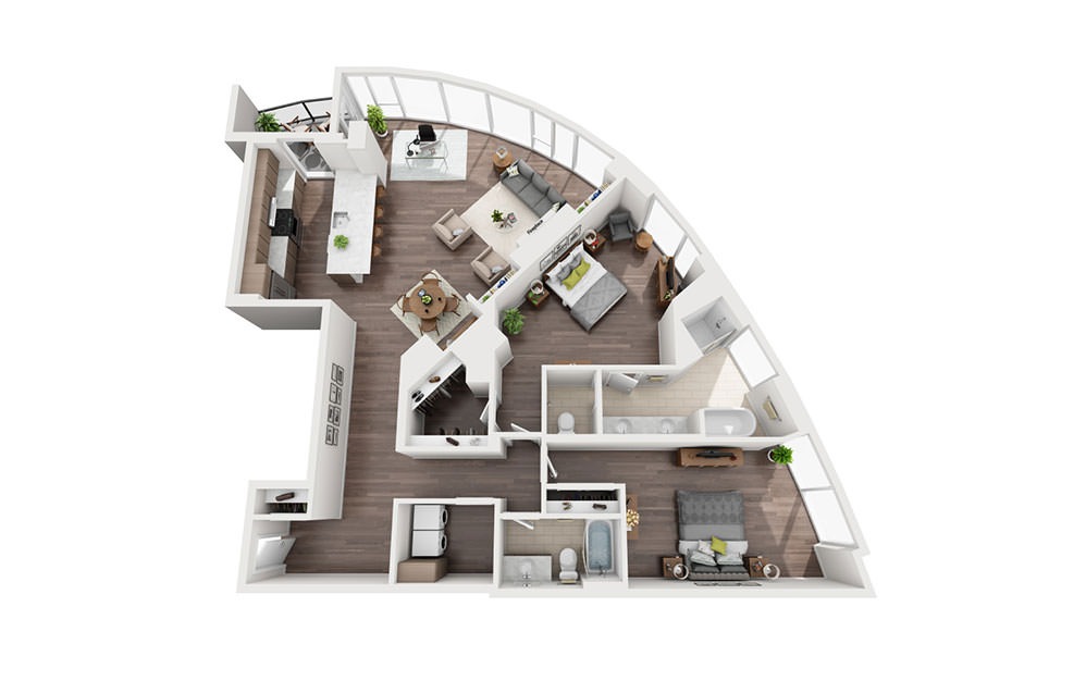 Penthouse E - 2 bedroom floorplan layout with 2 bathrooms and 1439 square feet (3D)
